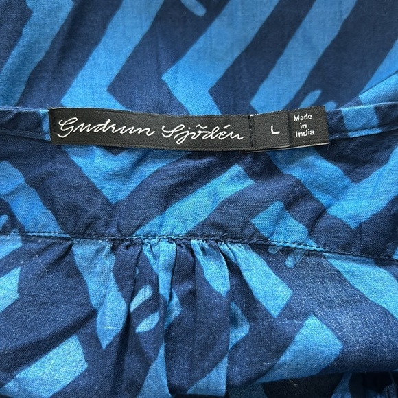 Gudrun Sjoden Blue Organic Cotton Dress Geometric Patterned Cinched Waist Sz L - Picture 10 of 14